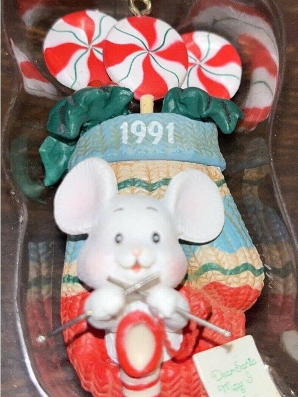 1991 A little bit of Christmas White Mouse Knitting Ornament